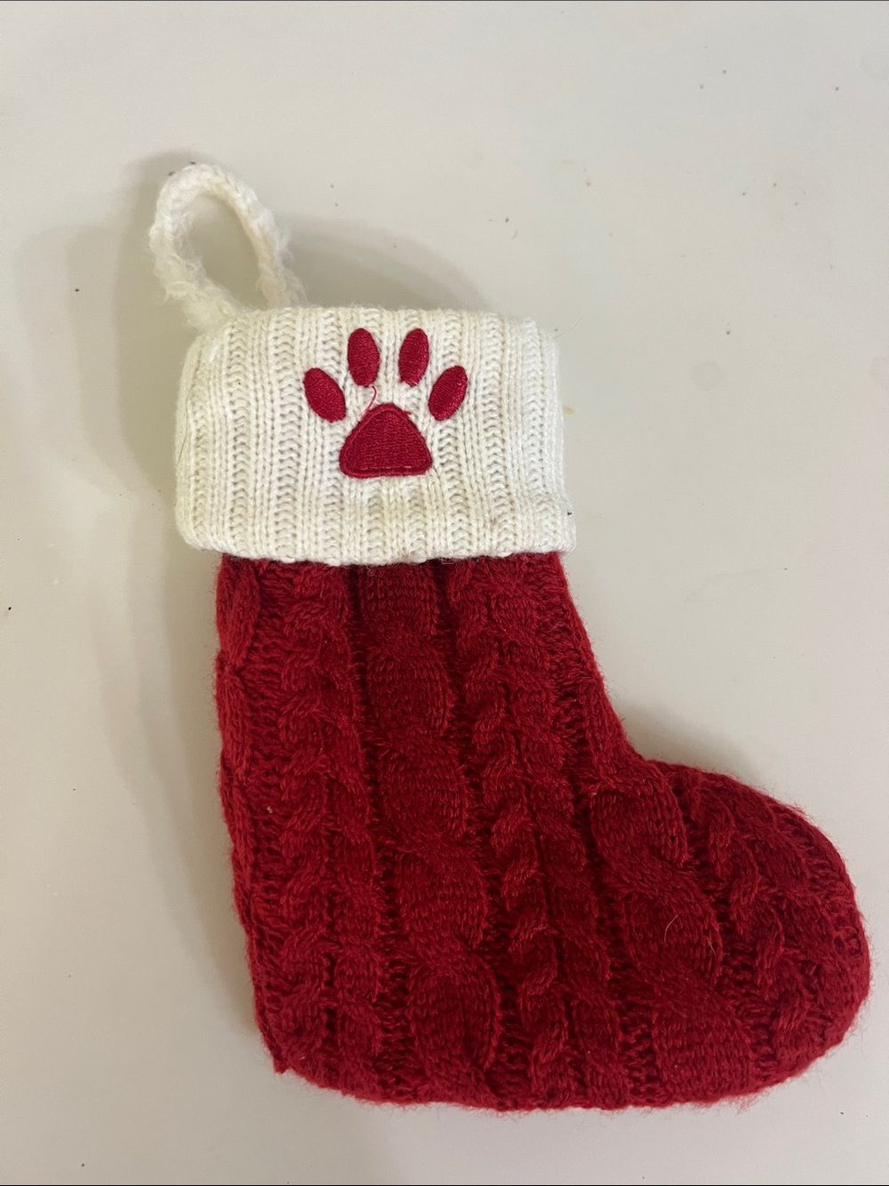 Red Knit Holiday Stocking with White Cuff and Paw Accent